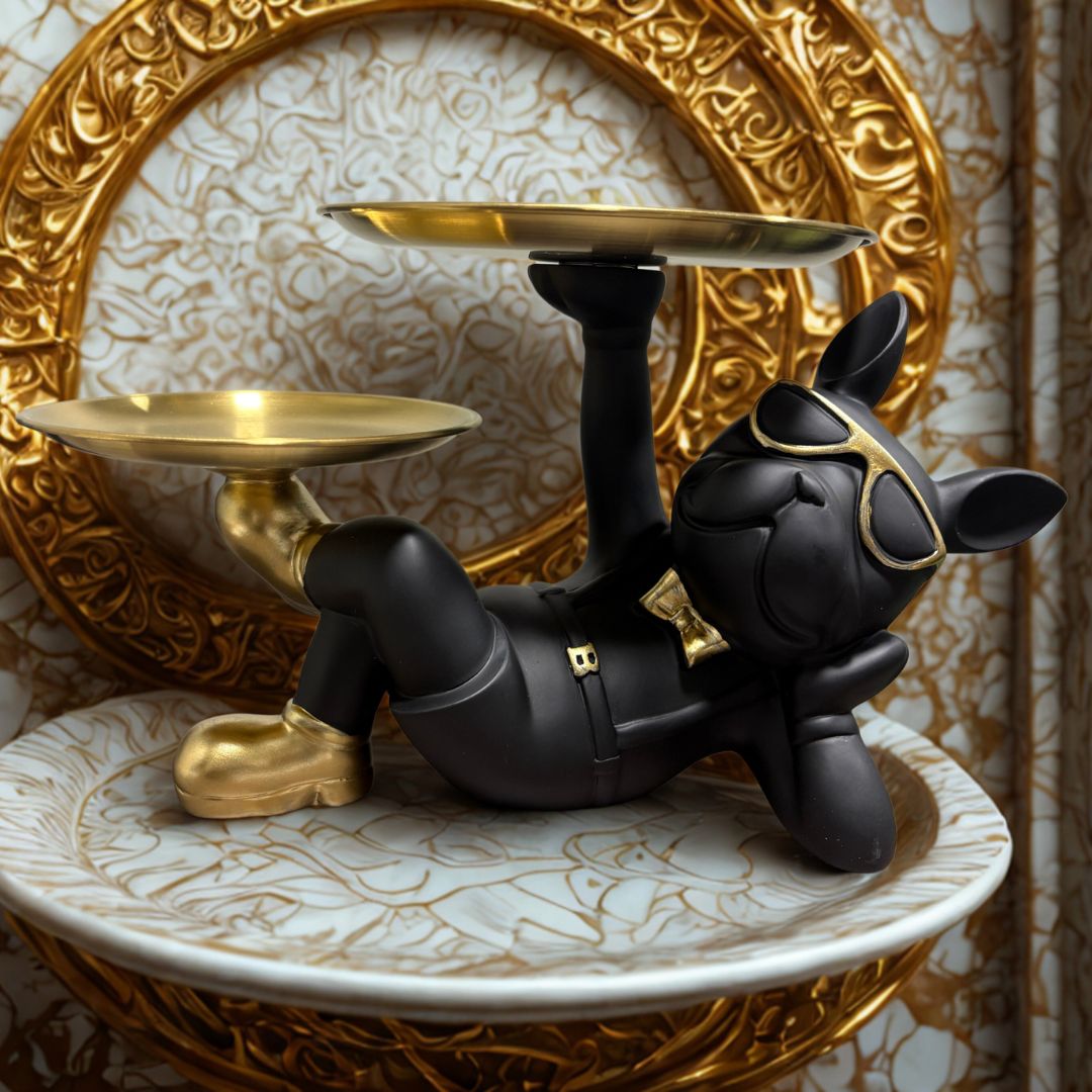 エレガントな黒と金のラッキードッグフィギュア（ブラック・フレンチブル）
